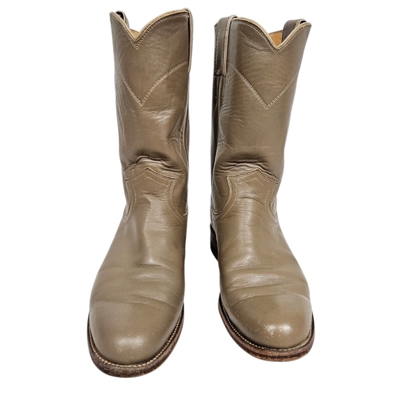 Vintage 70s Justin Boots Taupe Leather Mid Calf Western Cowgirl Boots Size 7B - Picture 3 of 14